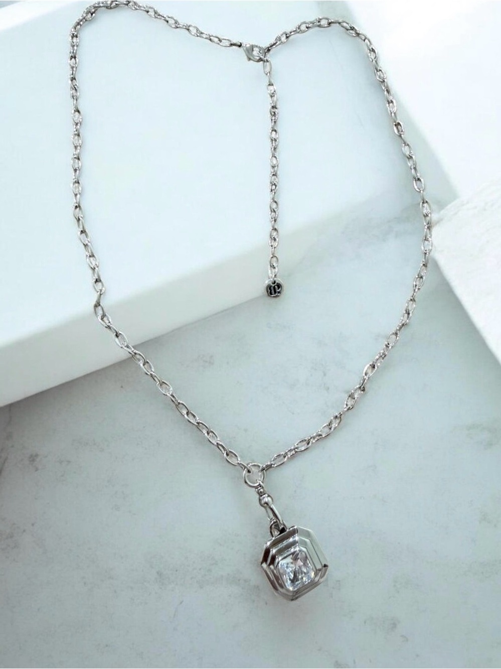 Silver-Tone Necklace with Clear Crystal Cube Pendant